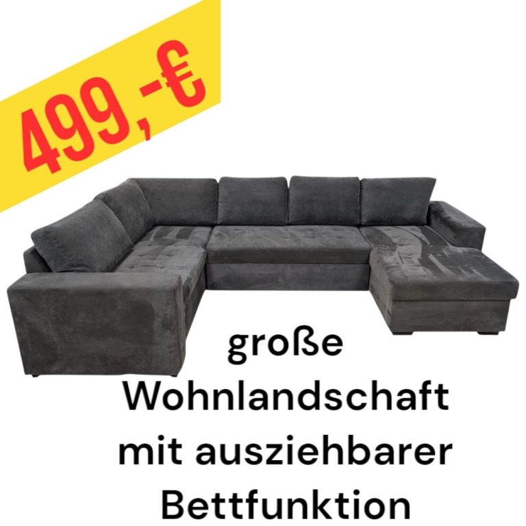 Grau aufklappbare Wohnlandschaft für 499 €, viel Platz zum Sitzen und Schlafen.