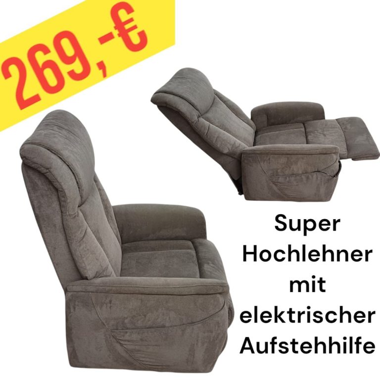 Bequemer Hochlehner mit elektrischer Aufstehhilfe in Grau, Preis 269 €.