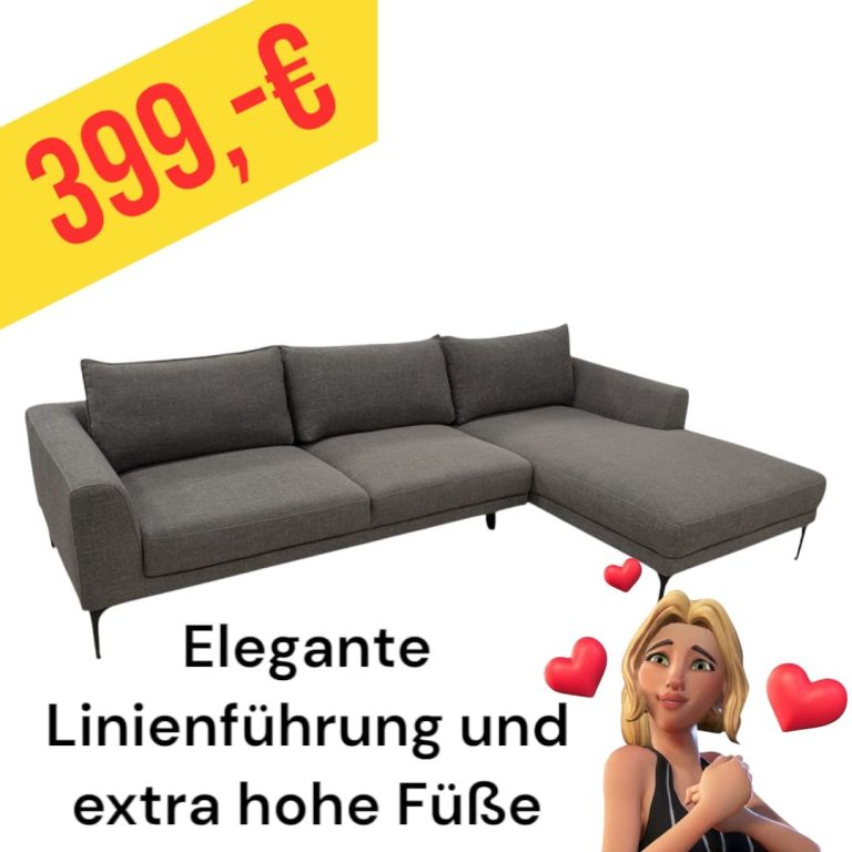 Ecksofa in Grau mit eleganter Linienführung und hohen Füßen, Preis 399 €