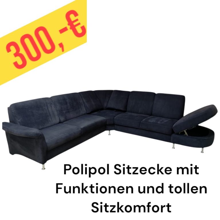 Polipol Sitzecke in Dunkelblau mit Funktionen und hohem Sitzkomfort, Preis 300 €.