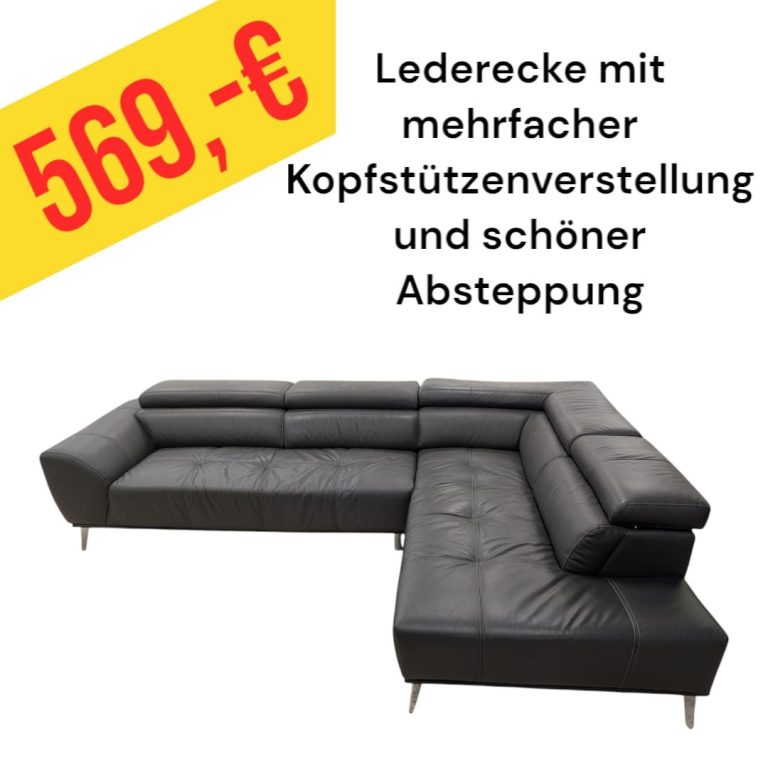Schwarze Leder-Eckcouch mit verstellbaren Kopfstützen, Preis 569 €.