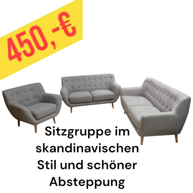 Sitzgruppe im skandinavischen Stil, bestehend aus einem Sofa und zwei Sesseln, Preis 450 €.