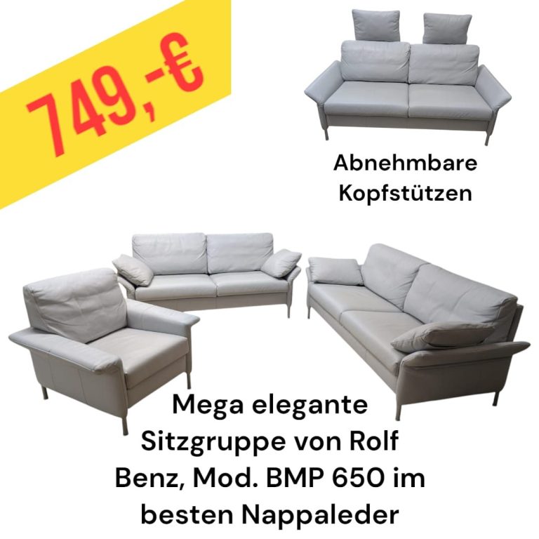 Elegante Sitzgruppe von Rolf Benz, Mod. BMP 650in hellem Leder, abnehmbare Kopfstützen, Preis: 899 €.
