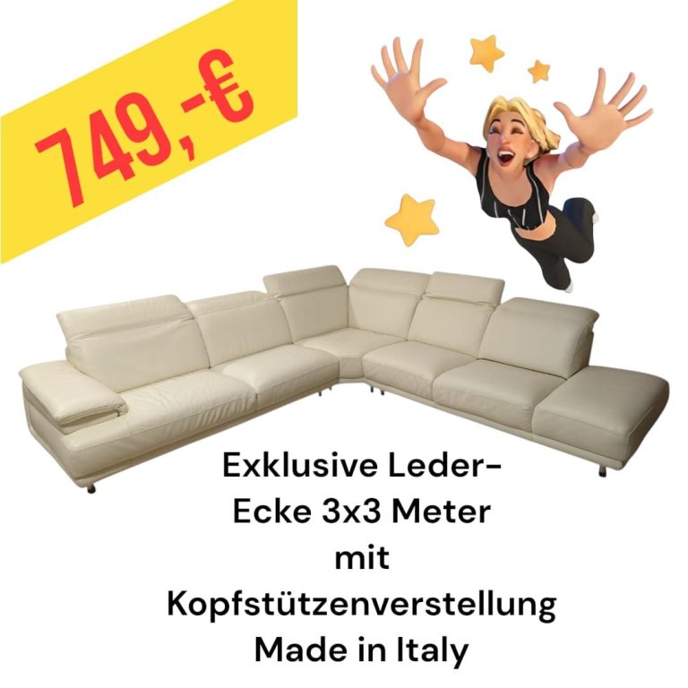 Exklusive Leder-Ecke 3x3 Meter, mit Kopfstützenverstellung, Made in Italy, Preis 699 €.