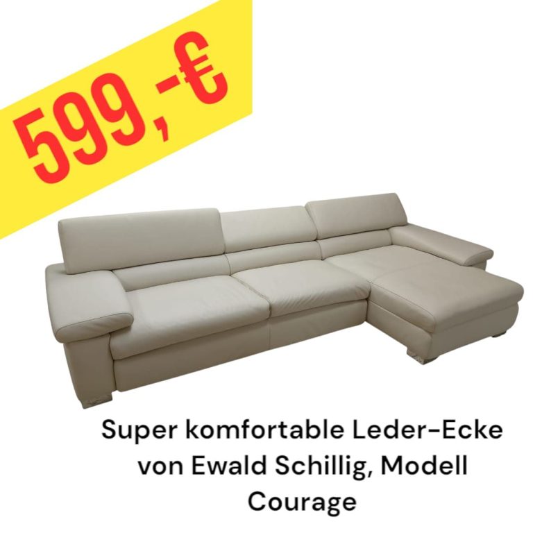 Beige Leder-Eckcouch mit Ottomane, Modell Courage von Schillig, Preis 849 €.