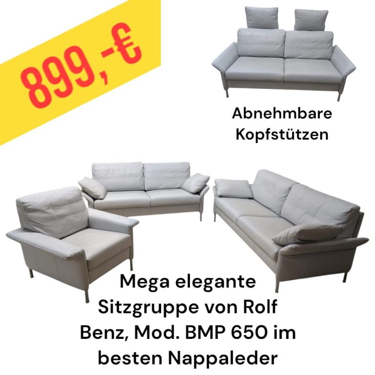 Elegante Sitzgruppe von Rolf Benz, Mod. BMP 650in hellem Leder, abnehmbare Kopfstützen, Preis: 899 €.