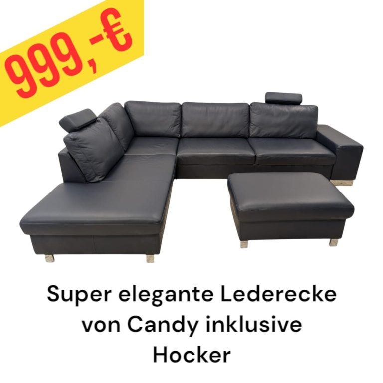Elegante schwarze Ledercouchgarnitur mit Hocker von Candy, Preis 999 €.