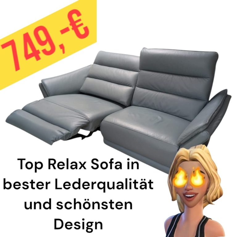 Graues Relax-Sofa mit hochwertigem Leder und modernem Design, Preis: 749 €.