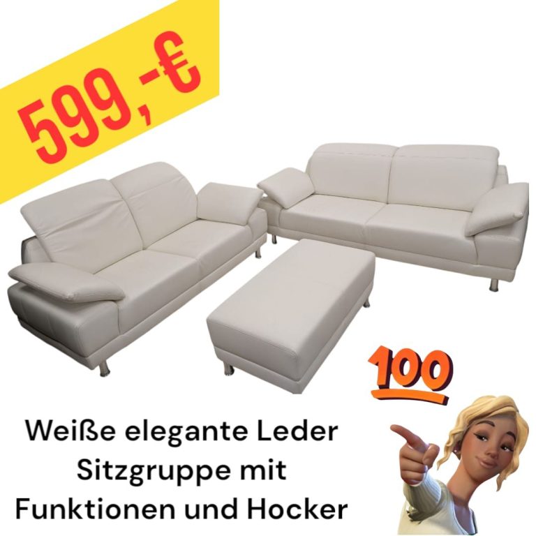 Weiße Leder-Sitzgruppe mit Hocker, elegant und funktional, Preis 799 €.