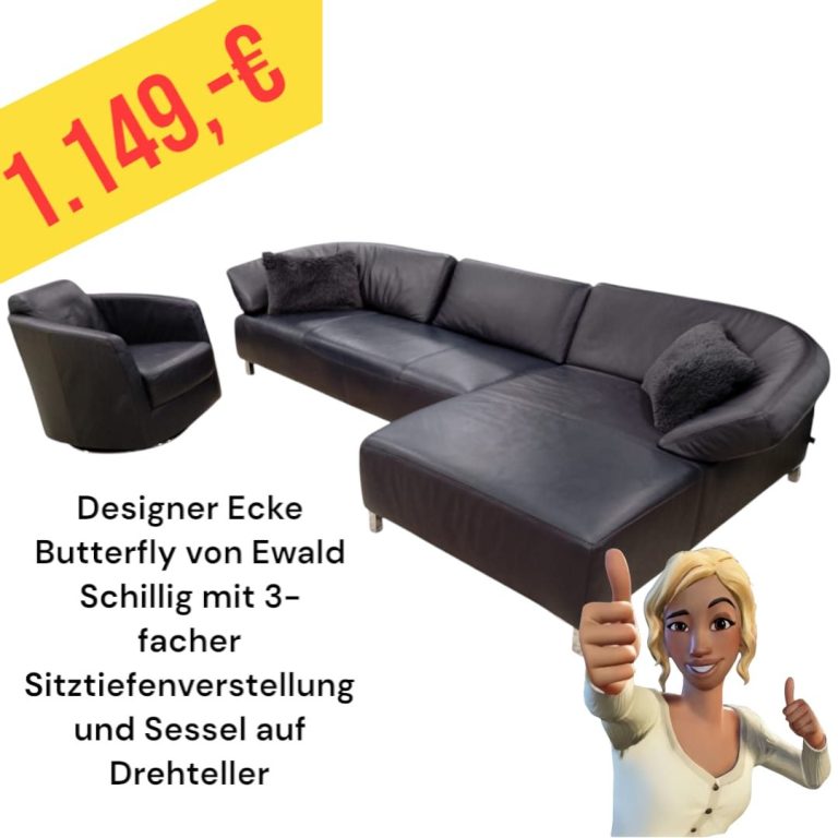 Designer-Ecksofa Butterfly von schillig in Schwarz mit Sessel und Sitzverstellung, Preis: 1.149 €.