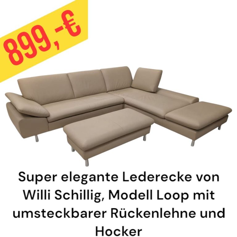 Elegante Leder-Eckcouch mit umsteckbarer Rückenlehne und Hocker, Modell Loop von Schillig. Preis: 999 €.