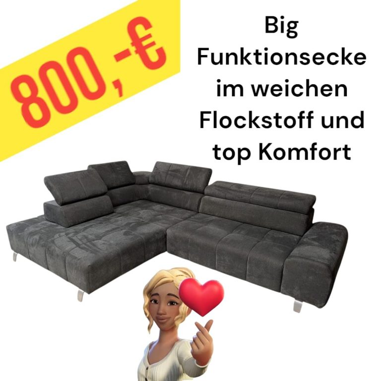 Große Funktionsecke aus weichem Flockstoff, Preis 800 Euro, hoher Komfort.