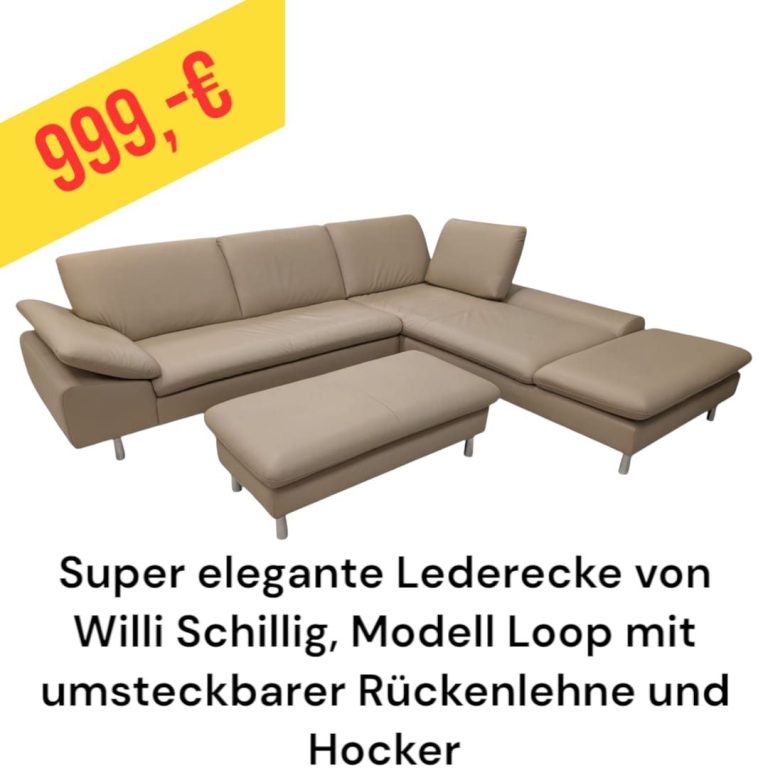 Elegante Leder-Eckcouch mit umsteckbarer Rückenlehne und Hocker, Modell Loop von Schillig. Preis: 999 €.