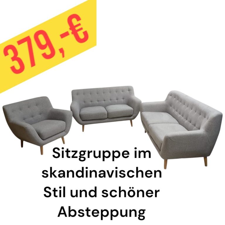 Sitzgruppe im skandinavischen Stil, bestehend aus einem Sofa und zwei Sesseln, Preis 450 €.