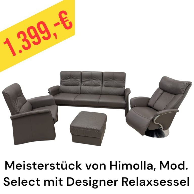 Sitzmöbel-Set von Himolla mit Sofa, Relaxsessel und Pouf, Preis 1.999 Euro.