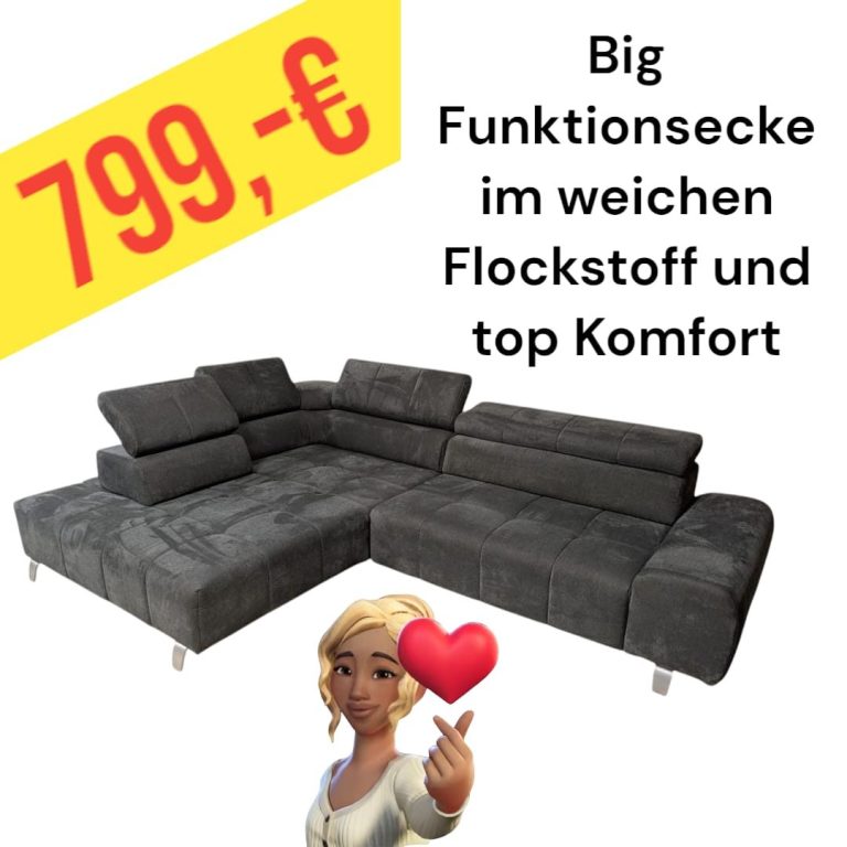 Große Funktionsecke aus weichem Flockstoff, Preis 800 Euro, hoher Komfort.