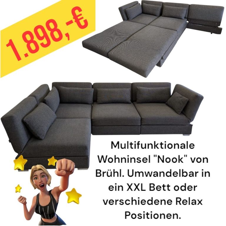 Multifunktionale Wohninsel "Nook" von Brühl, wandelbar in Bett und verschiedene Relaxpositionen.