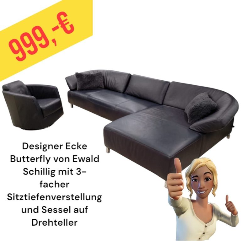 Designer-Ecksofa Butterfly von schillig in Schwarz mit Sessel und Sitzverstellung, Preis: 1.149 €.