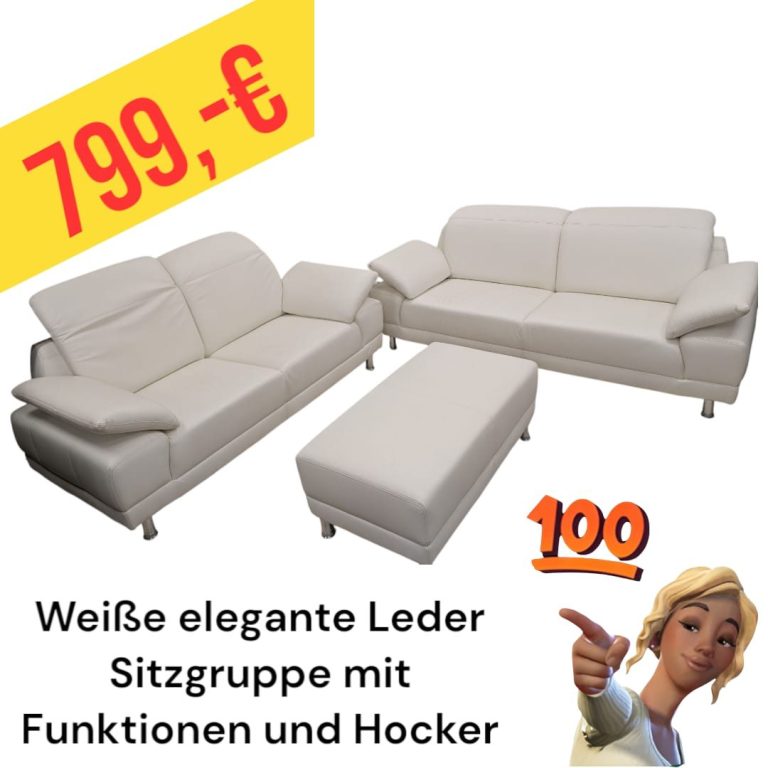 Weiße Leder-Sitzgruppe mit Hocker, elegant und funktional, Preis 799 €.