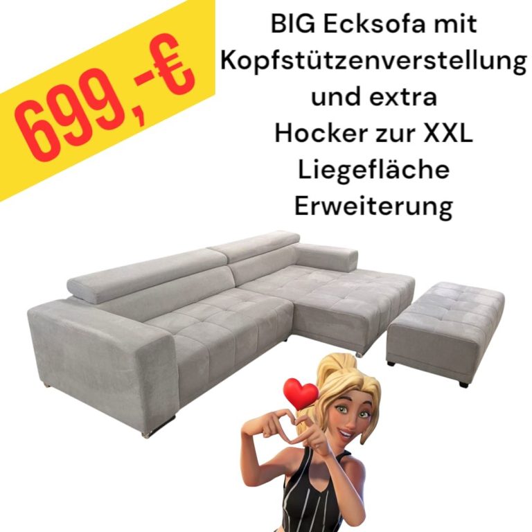 BIG Ecksofa mit Kopfstützenverstellung und extra Hocker zur XL Liegefläche. Preis: 699 €.