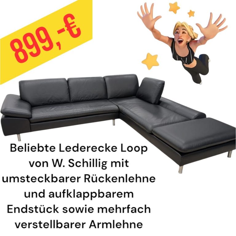 Schwarzes Ledersofa Loop von Schillig mit umklappbarer Rückenlehne und verstellbaren Armlehnen.