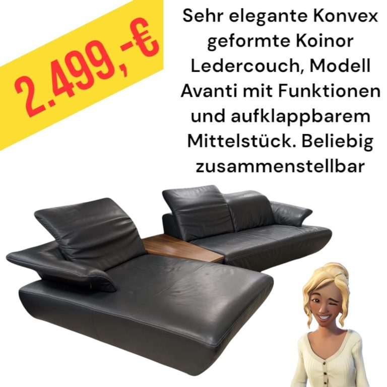 Elegante schwarze Ledercouch von Koinor mit klappbarem Mittelstück, Modell Avanti. Preis: 2.499 €.
