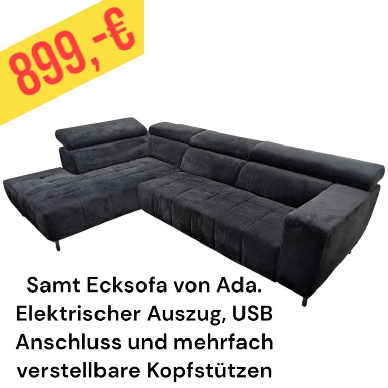 Samt Ecksofa von Ada mit elektrischem Auszug, USB-Anschluss und verstellbaren Kopfstützen.