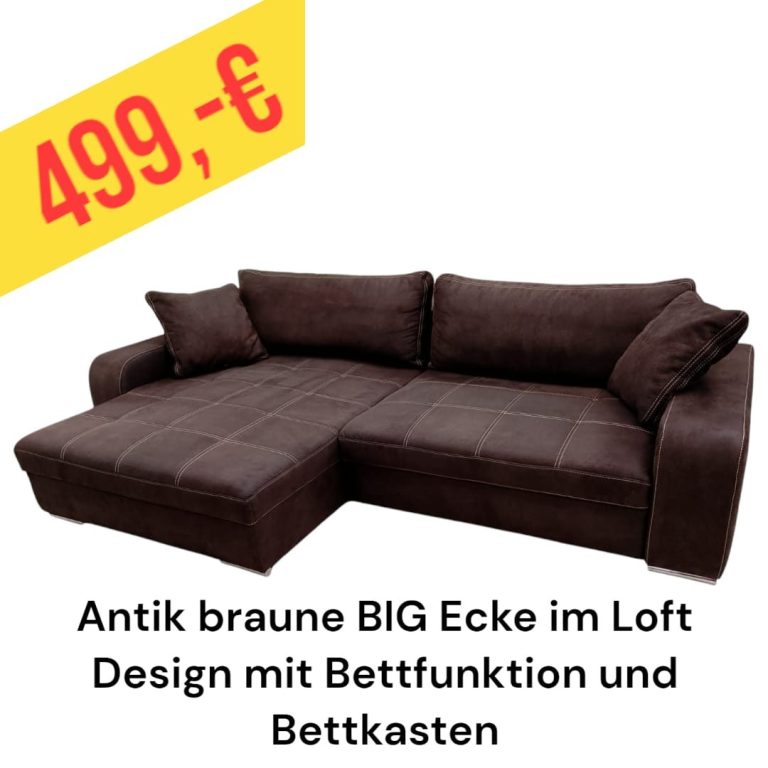 Antik braune BIG Eckcouch im Loft-Design mit Bettfunktion und Bettkasten. Preis: 600 €.