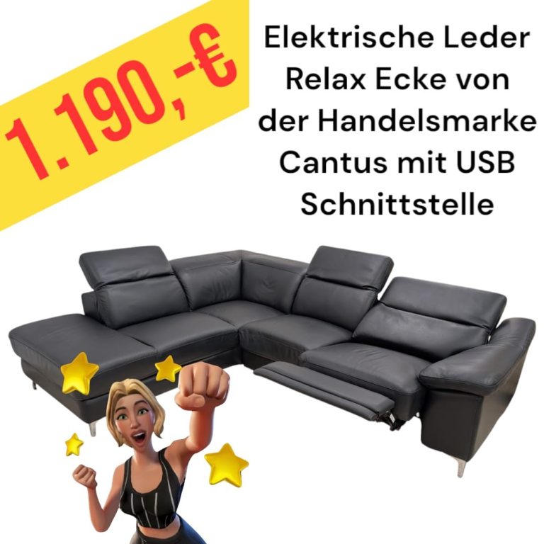 Schwarze elektrische Ledercouch mit Relax-Ecke und USB-Schnittstelle, Preis: 1.190 €