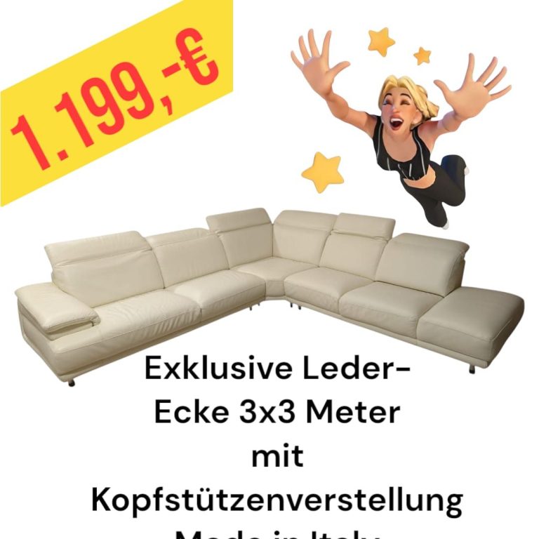 Exklusive Leder-Ecke 3x3 Meter, mit Kopfstützenverstellung, Made in Italy, Preis 699 €.