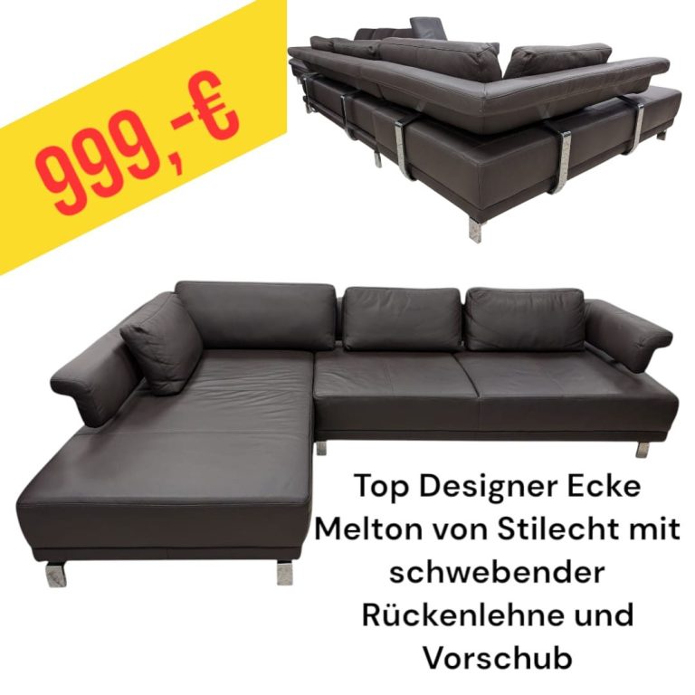 Braune Designer-Eckcouch von Stilecht "Melton" mit schwebender Rückenlehne, Preis: 1.149€.