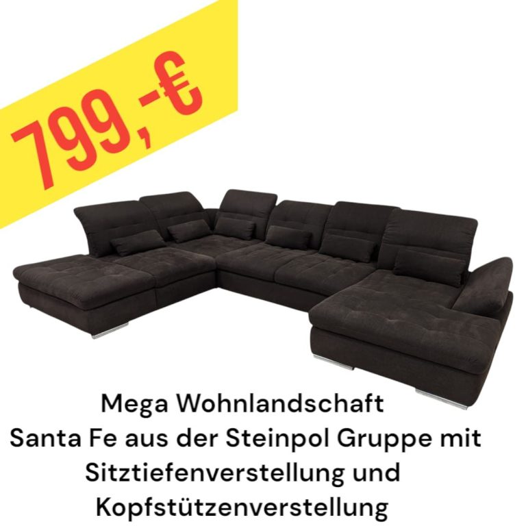 Dunkle Wohnlandschaft Santa Fe von Steinpol mit Sitzverstellung und Kopfstützenverstellung, 799 €.