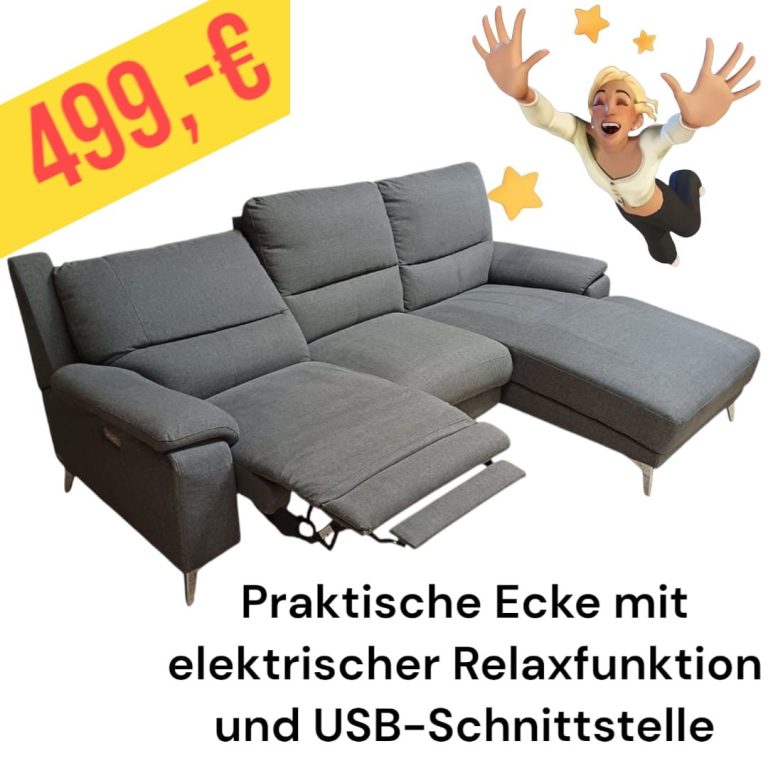 Graue Eckcouch mit elektrischer Relaxfunktion und USB-Schnittstelle, Preis: 600 €.