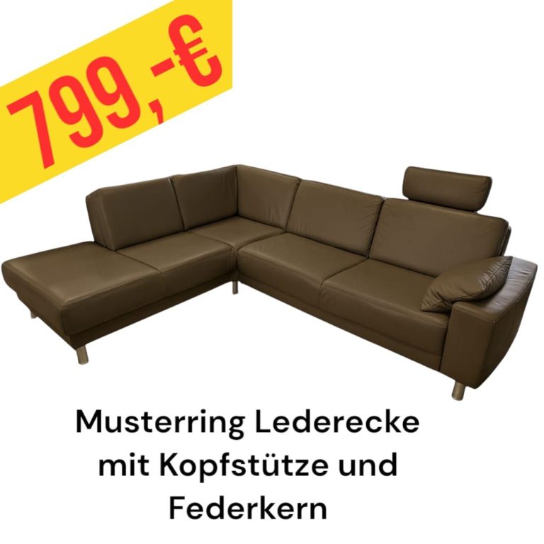 Braune Ledercouch von Musterring mit Kopfstütze und Federkern, Preis: 799 €.