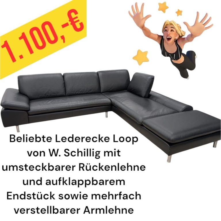 Schwarzes Ledersofa Loop von Schillig mit umklappbarer Rückenlehne und verstellbaren Armlehnen.